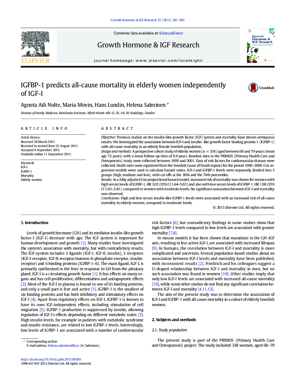 IGFBP-1 predicts all-cause mortality in elderly women independently of IGF-I