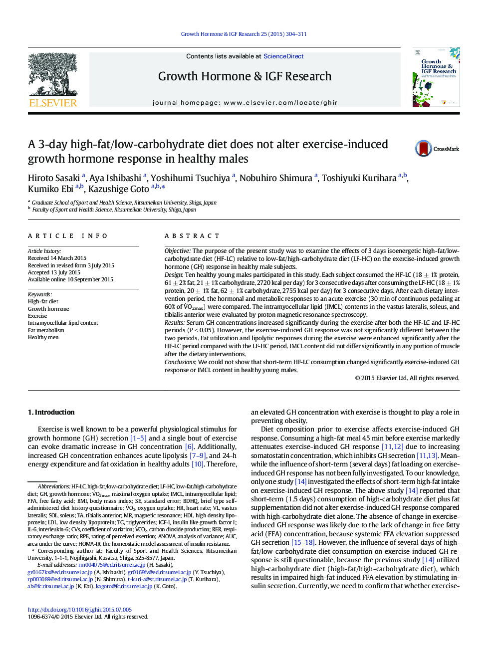 A 3-day high-fat/low-carbohydrate diet does not alter exercise-induced growth hormone response in healthy males