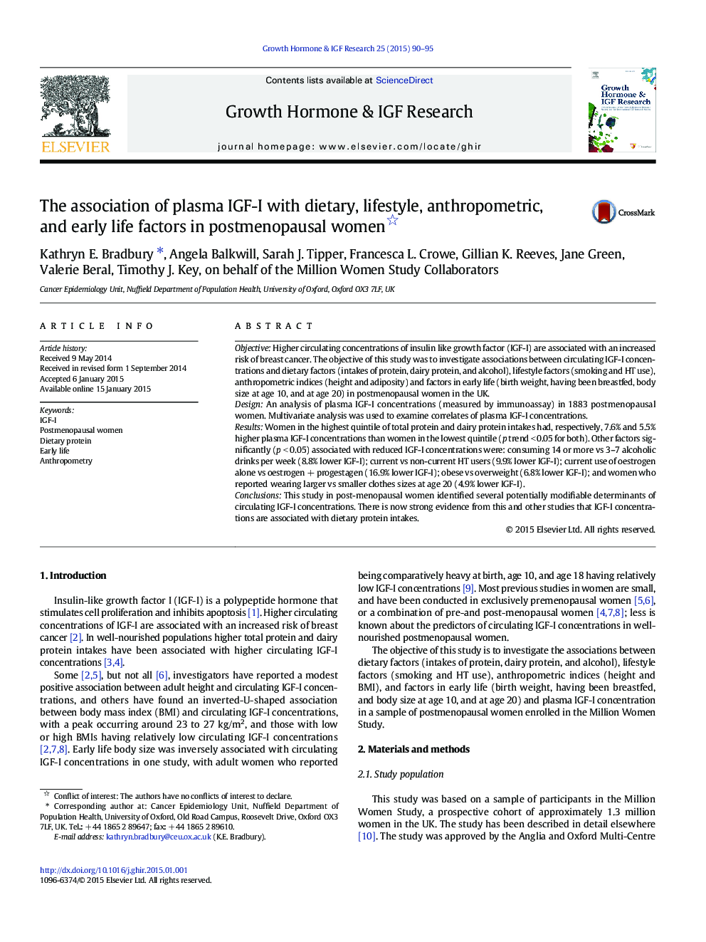 The association of plasma IGF-I with dietary, lifestyle, anthropometric, and early life factors in postmenopausal women 