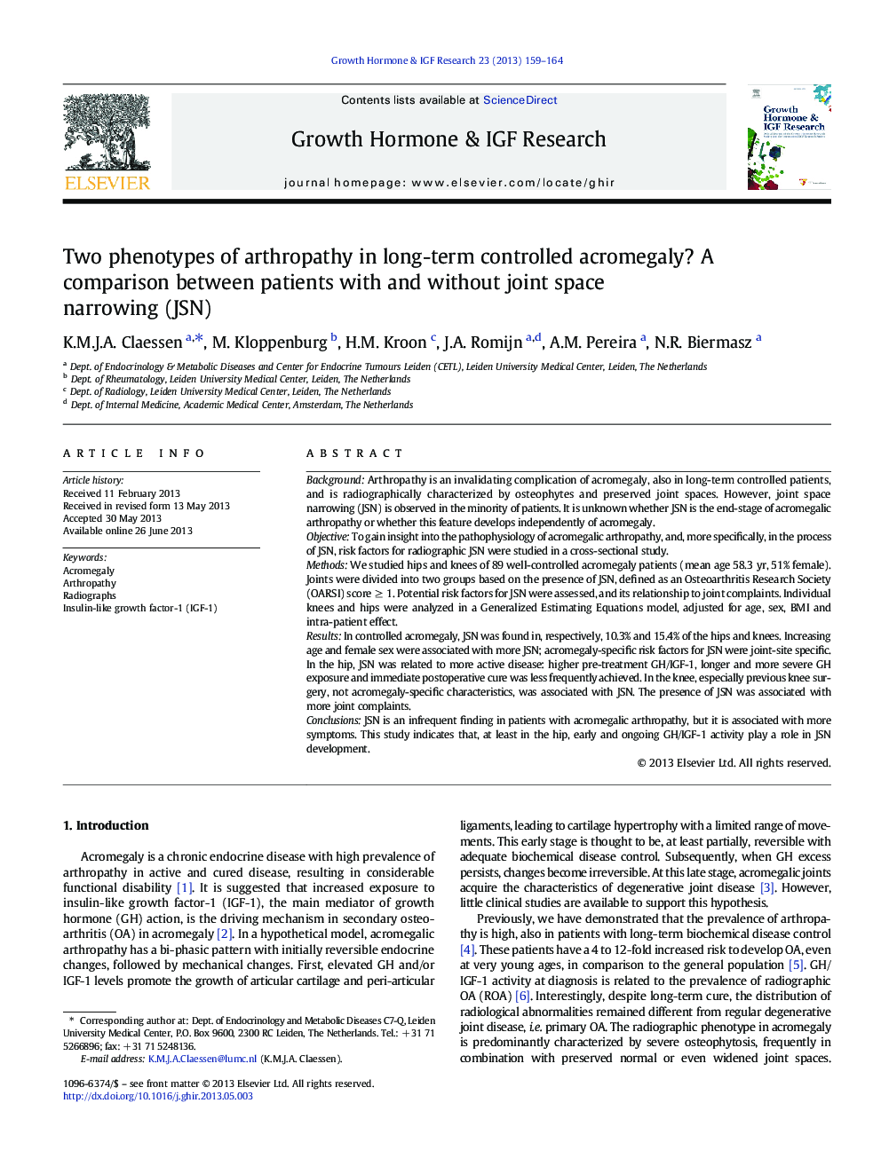 Two phenotypes of arthropathy in long-term controlled acromegaly? A comparison between patients with and without joint space narrowing (JSN)