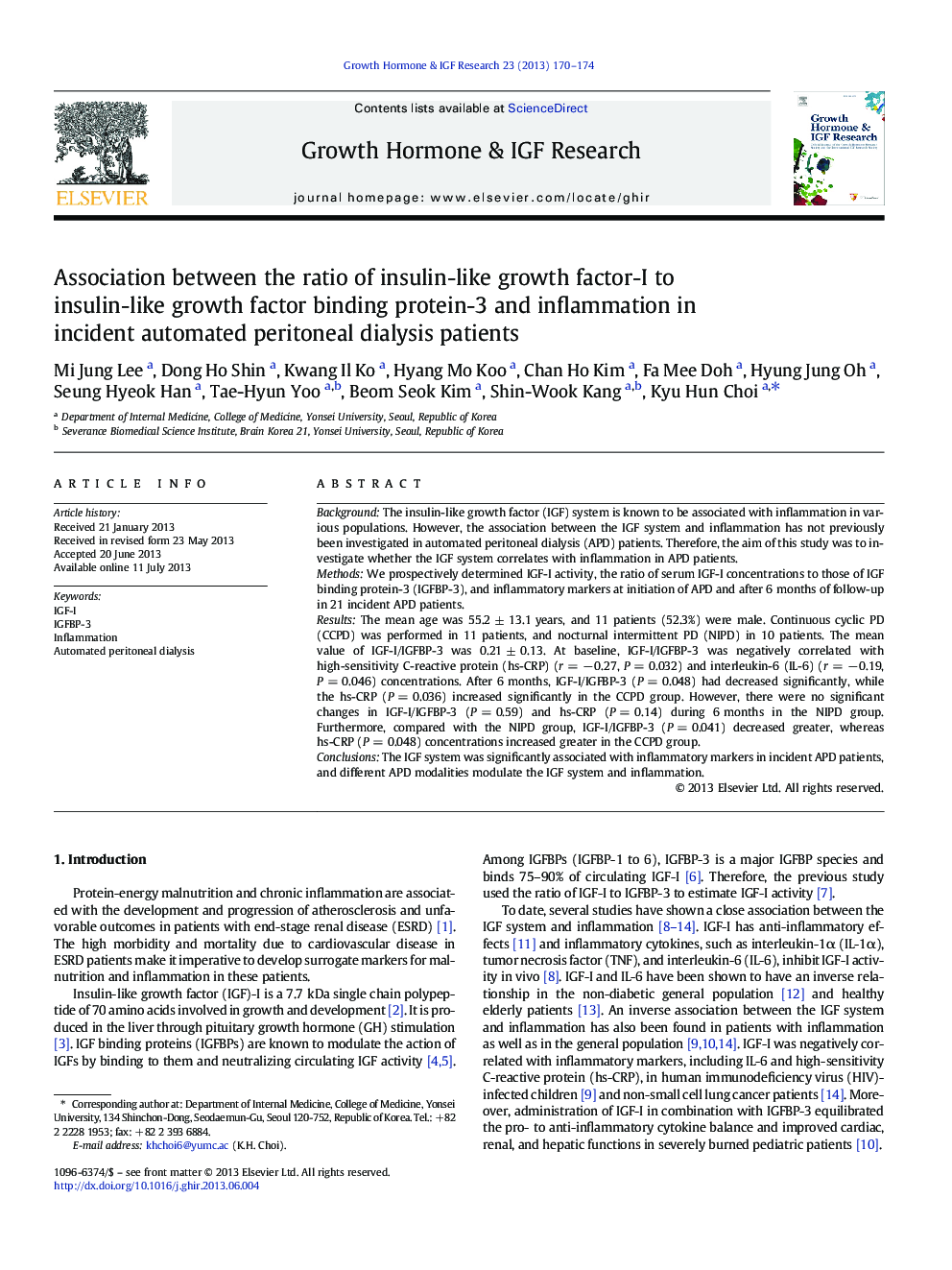 Association between the ratio of insulin-like growth factor-I to insulin-like growth factor binding protein-3 and inflammation in incident automated peritoneal dialysis patients