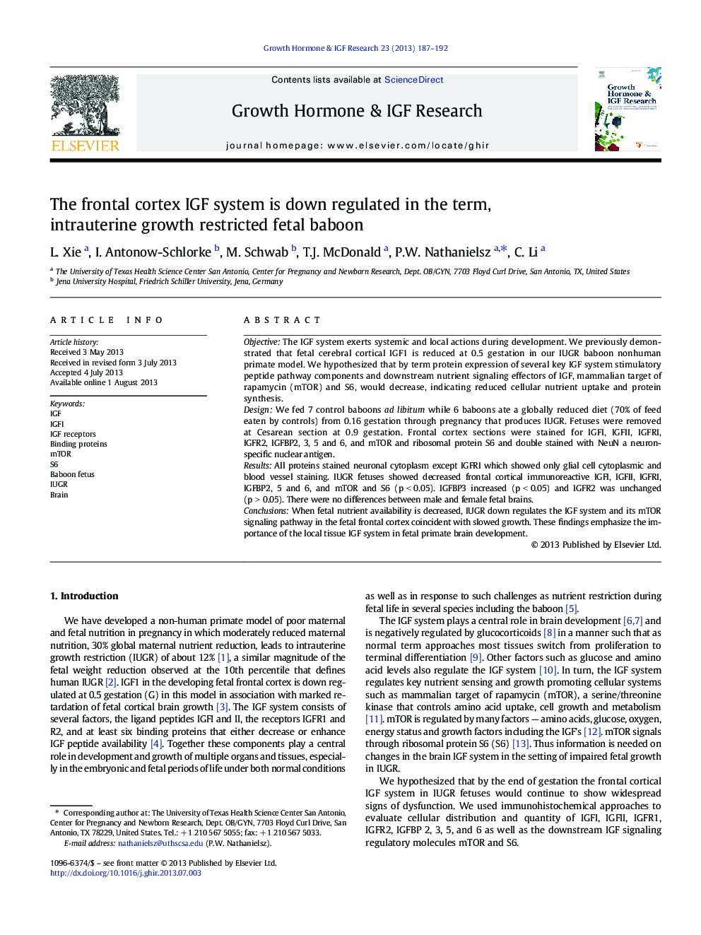 The frontal cortex IGF system is down regulated in the term, intrauterine growth restricted fetal baboon