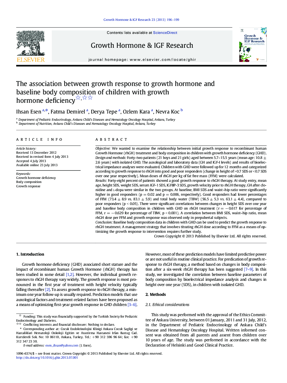The association between growth response to growth hormone and baseline body composition of children with growth hormone deficiency 