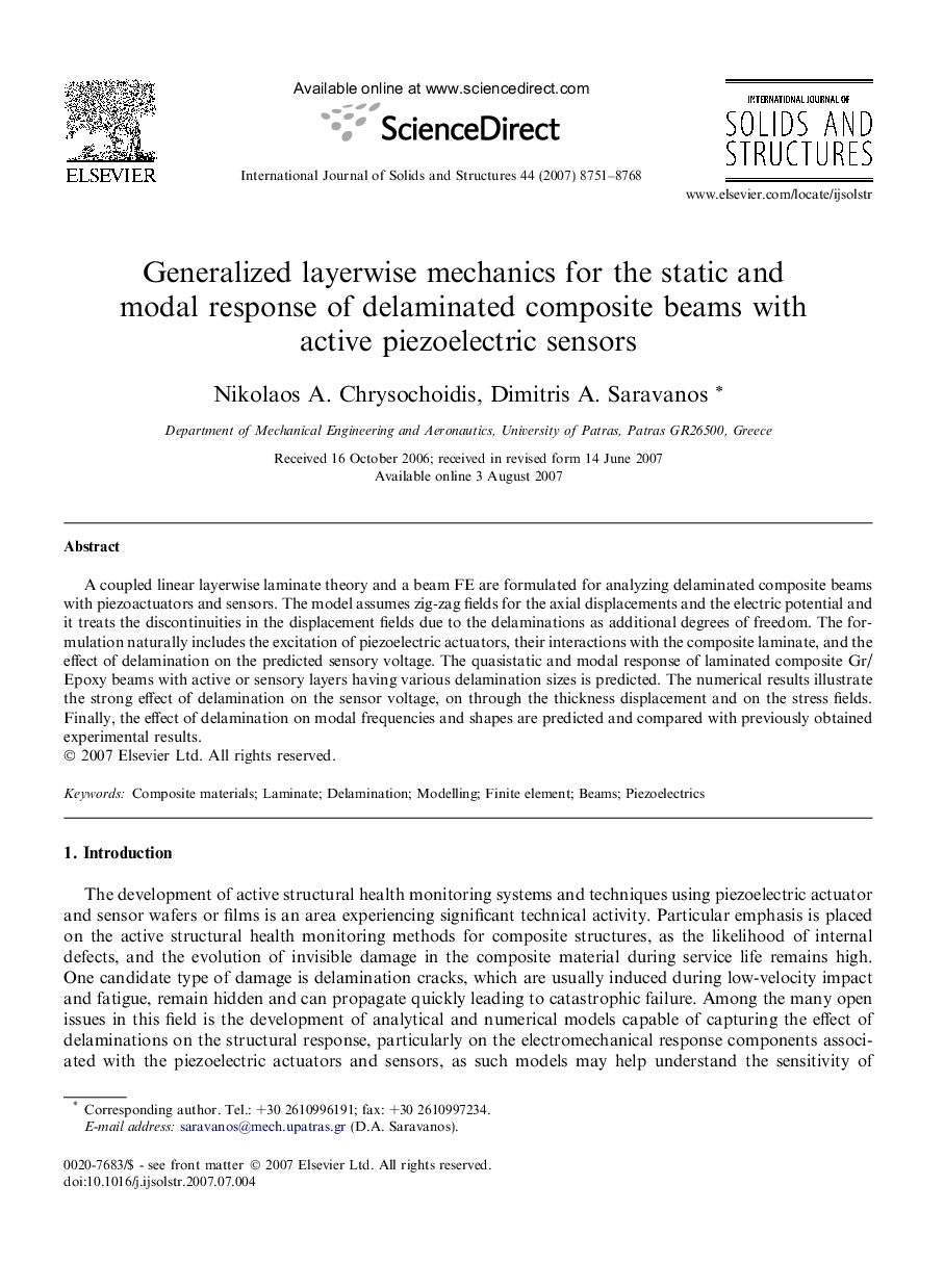 Generalized layerwise mechanics for the static and modal response of delaminated composite beams with active piezoelectric sensors