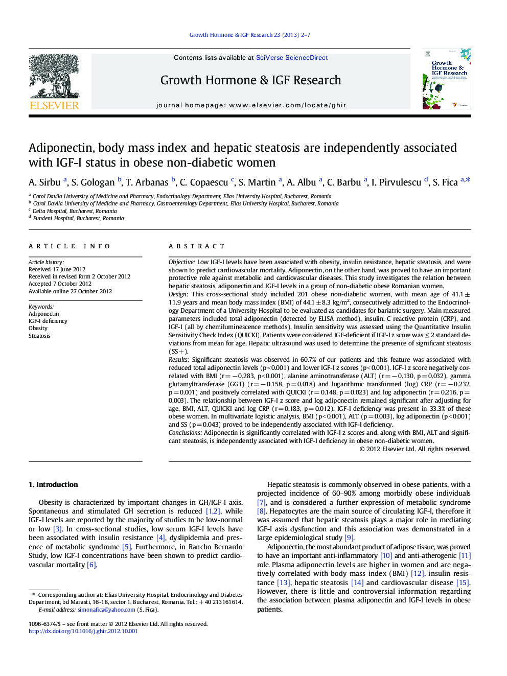 Adiponectin, body mass index and hepatic steatosis are independently associated with IGF-I status in obese non-diabetic women