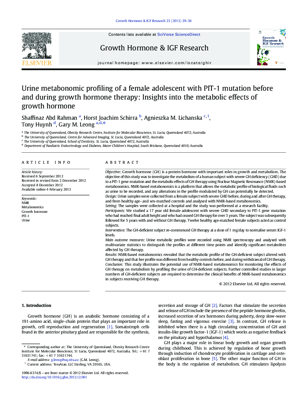 Urine metabonomic profiling of a female adolescent with PIT-1 mutation before and during growth hormone therapy: Insights into the metabolic effects of growth hormone