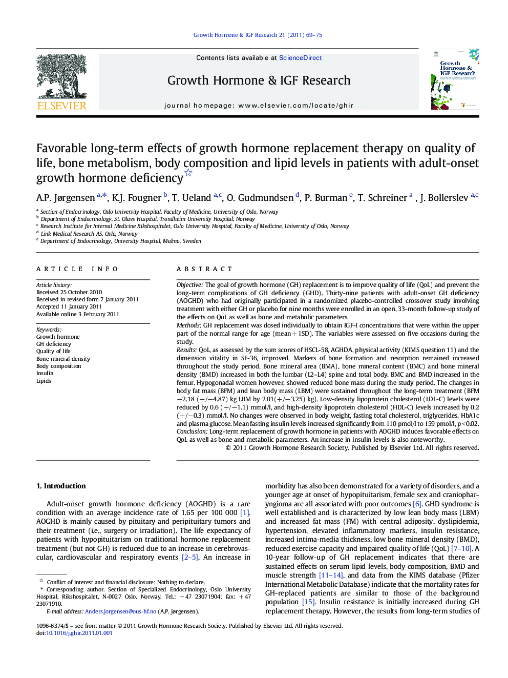 Favorable long-term effects of growth hormone replacement therapy on quality of life, bone metabolism, body composition and lipid levels in patients with adult-onset growth hormone deficiency 
