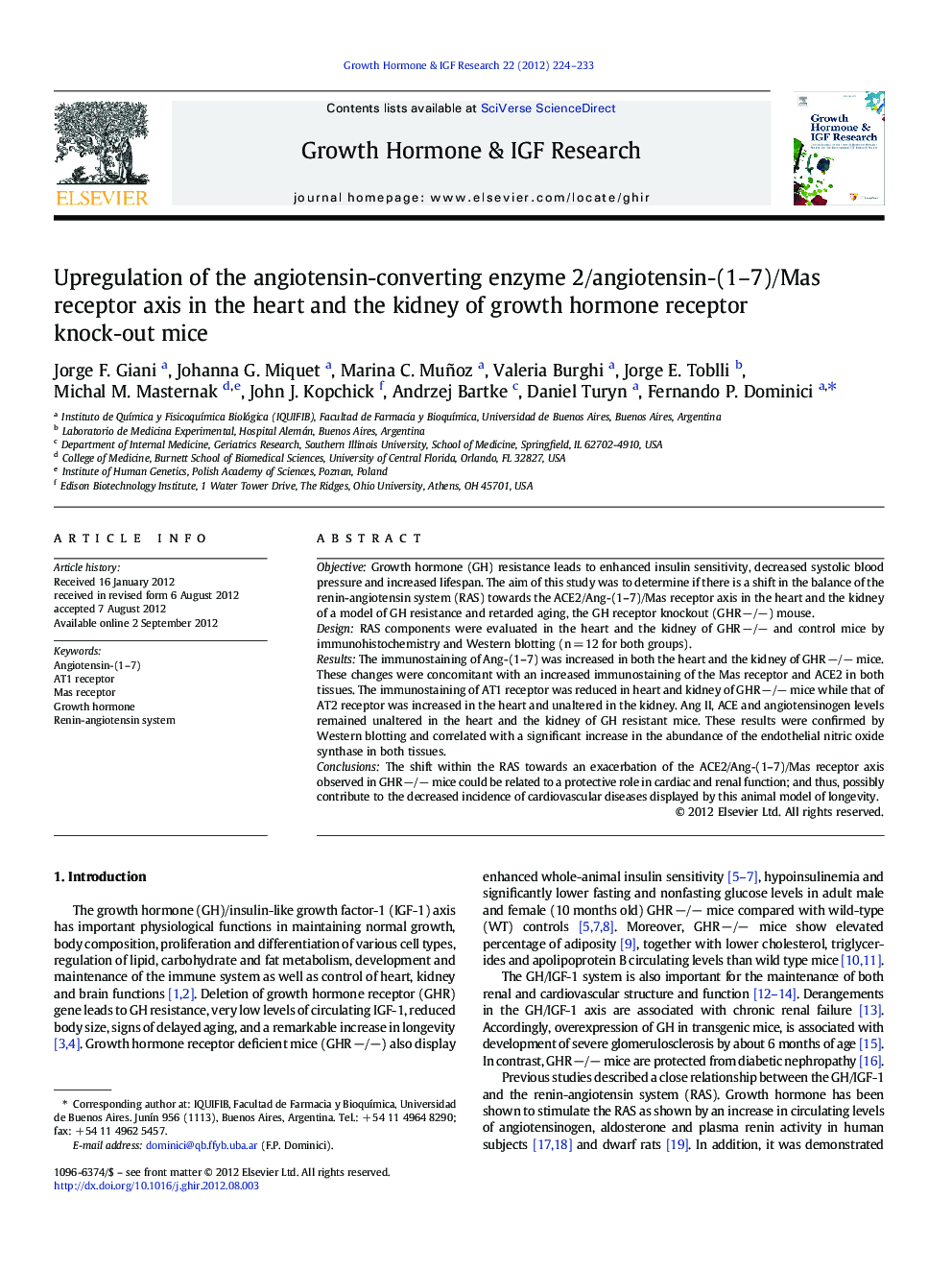 Upregulation of the angiotensin-converting enzyme 2/angiotensin-(1–7)/Mas receptor axis in the heart and the kidney of growth hormone receptor knock-out mice