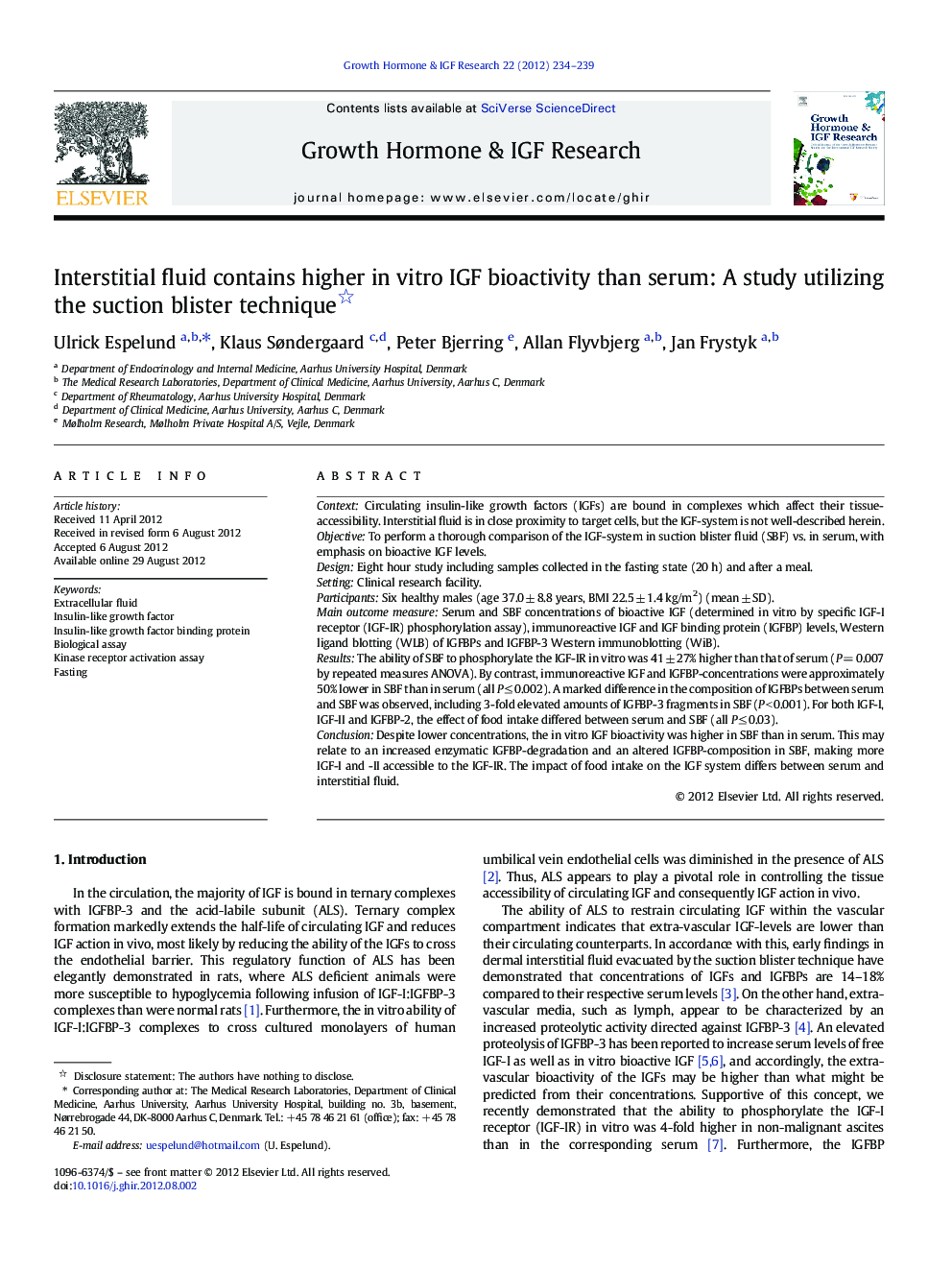 Interstitial fluid contains higher in vitro IGF bioactivity than serum: A study utilizing the suction blister technique 