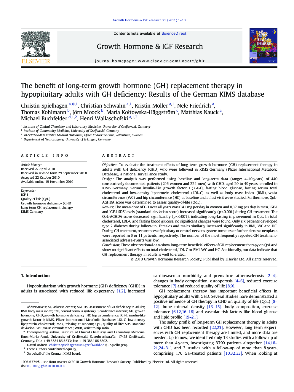 The benefit of long-term growth hormone (GH) replacement therapy in hypopituitary adults with GH deficiency: Results of the German KIMS database