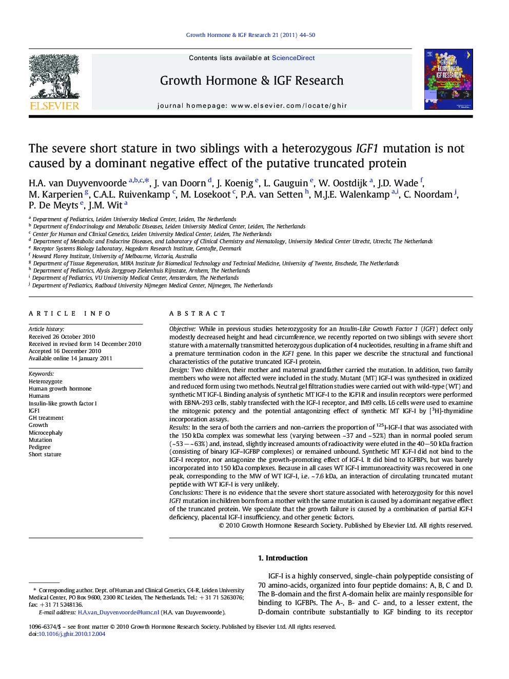 The severe short stature in two siblings with a heterozygous IGF1 mutation is not caused by a dominant negative effect of the putative truncated protein