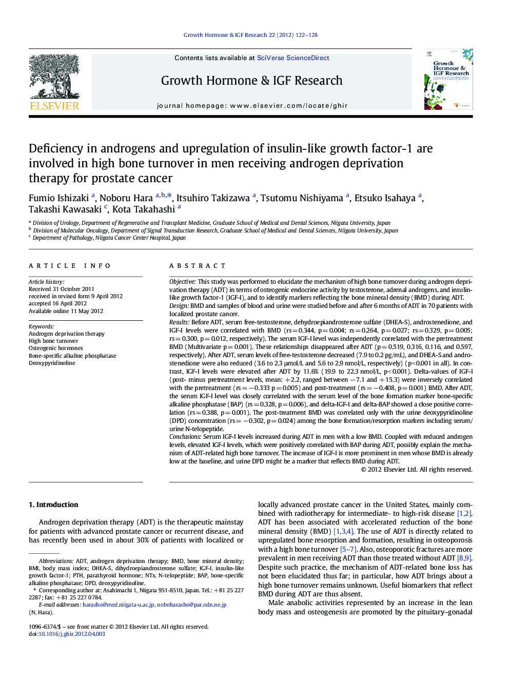 Deficiency in androgens and upregulation of insulin-like growth factor-1 are involved in high bone turnover in men receiving androgen deprivation therapy for prostate cancer