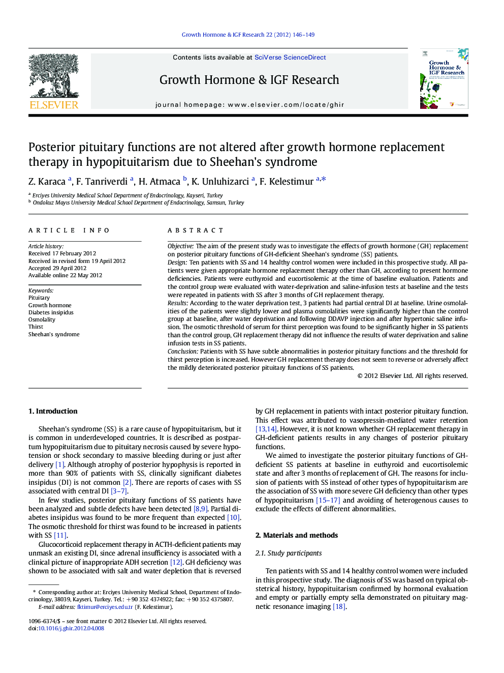 Posterior pituitary functions are not altered after growth hormone replacement therapy in hypopituitarism due to Sheehan's syndrome