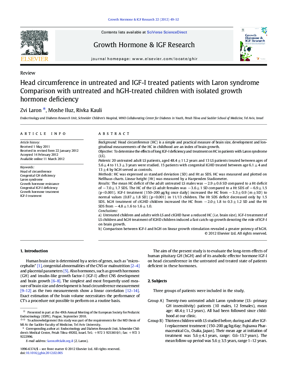 Head circumference in untreated and IGF-I treated patients with Laron syndrome : Comparison with untreated and hGH-treated children with isolated growth hormone deficiency