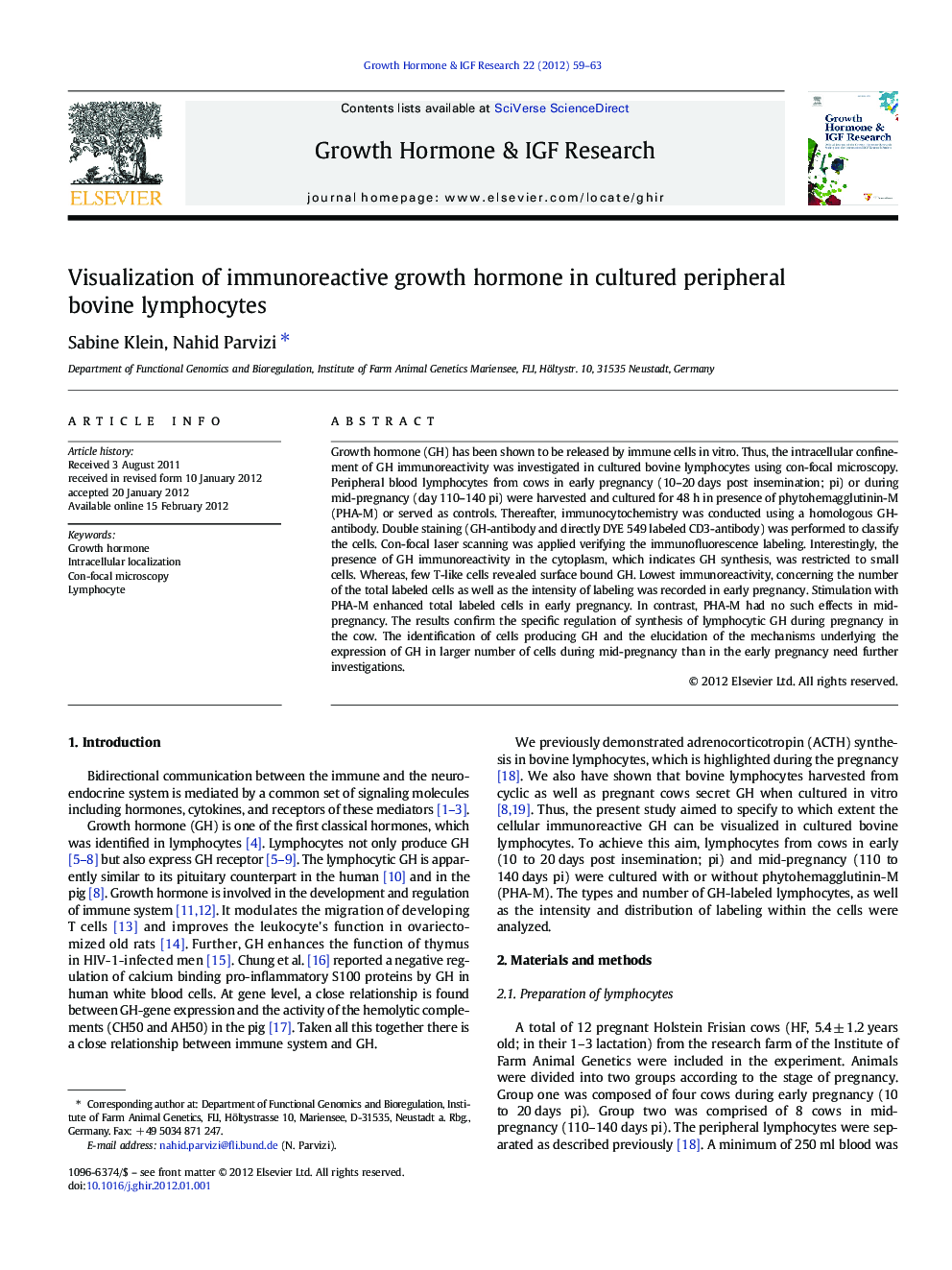 Visualization of immunoreactive growth hormone in cultured peripheral bovine lymphocytes