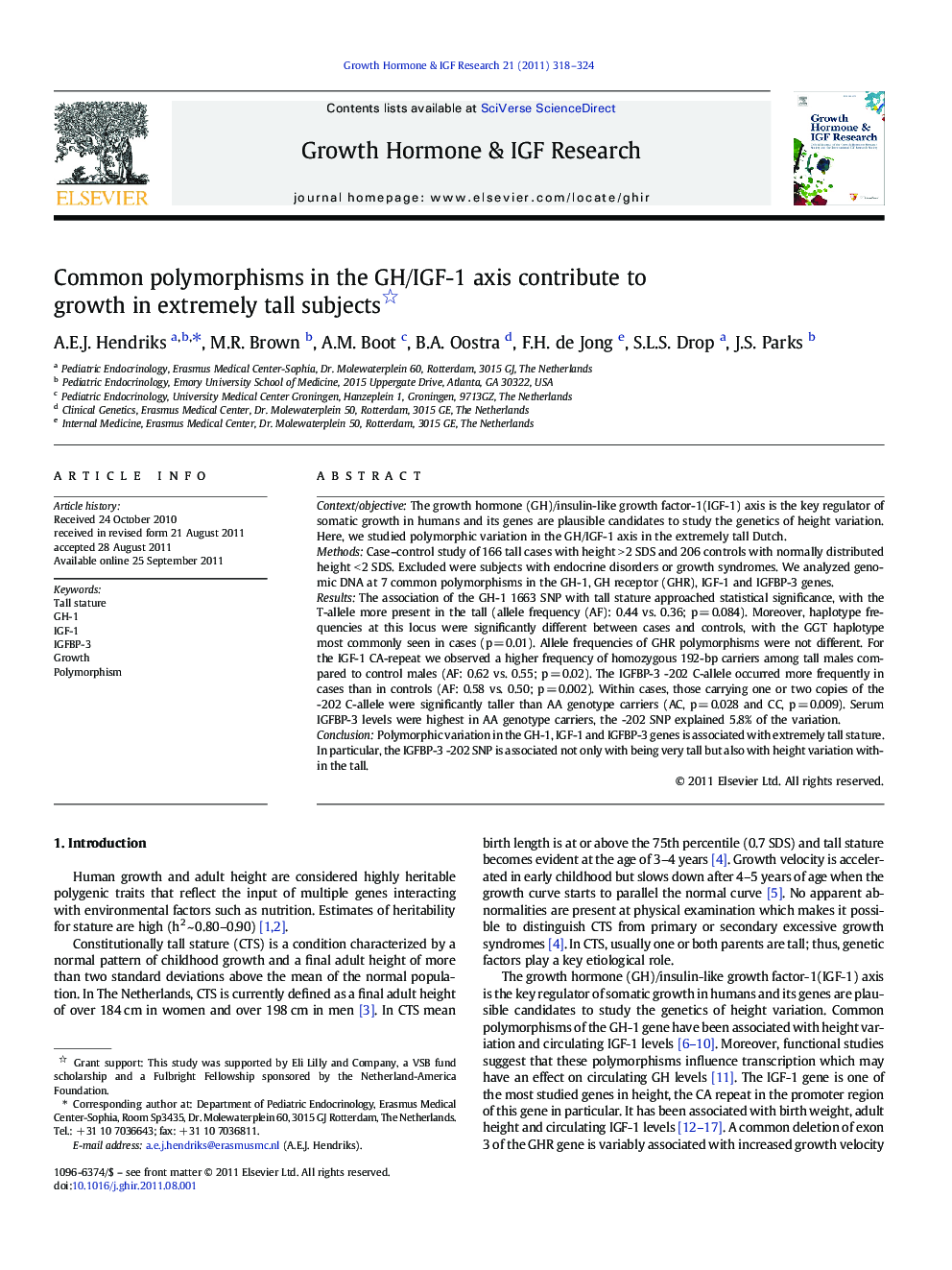 Common polymorphisms in the GH/IGF-1 axis contribute to growth in extremely tall subjects 