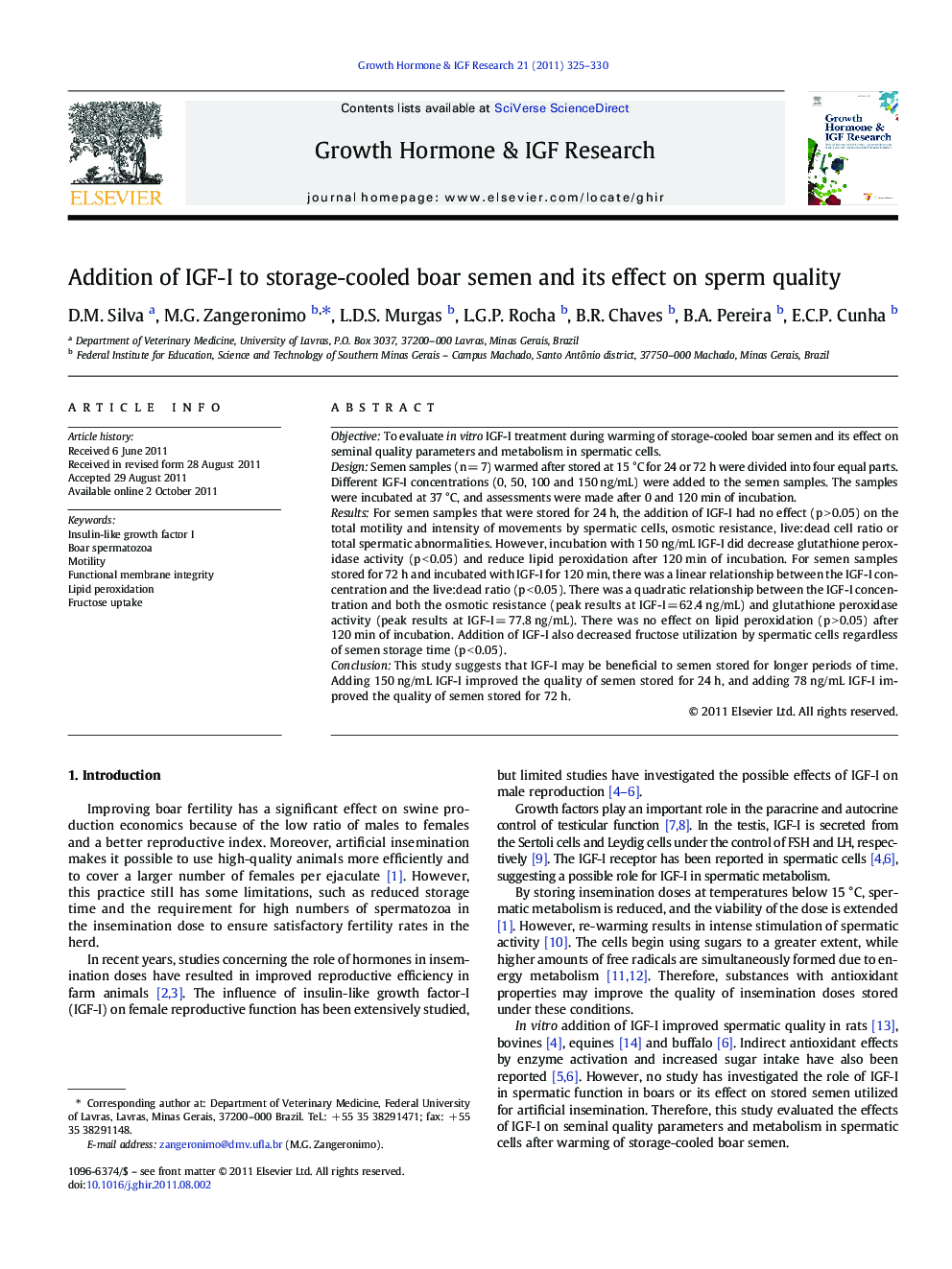 Addition of IGF-I to storage-cooled boar semen and its effect on sperm quality