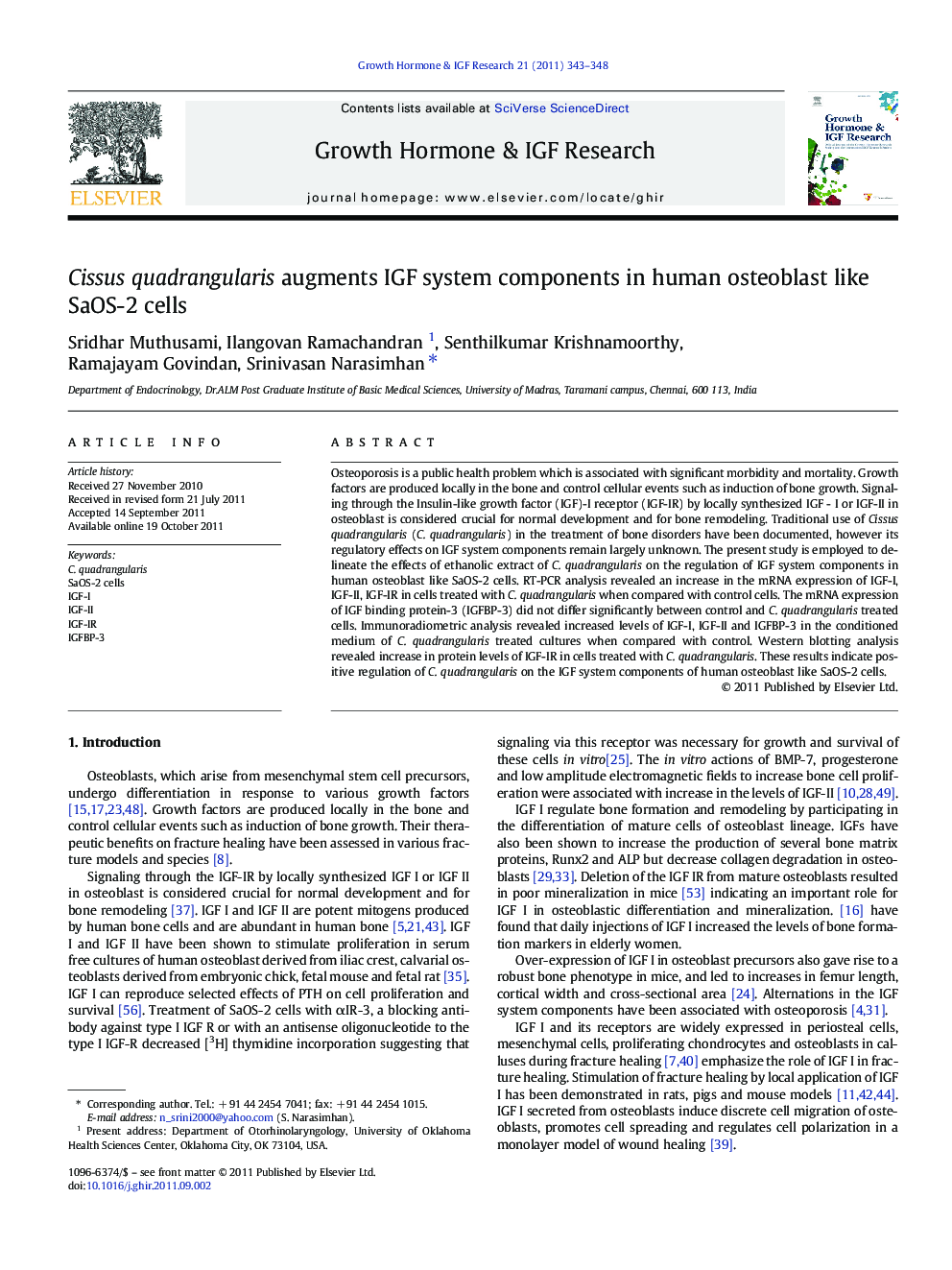 Cissus quadrangularis augments IGF system components in human osteoblast like SaOS-2 cells