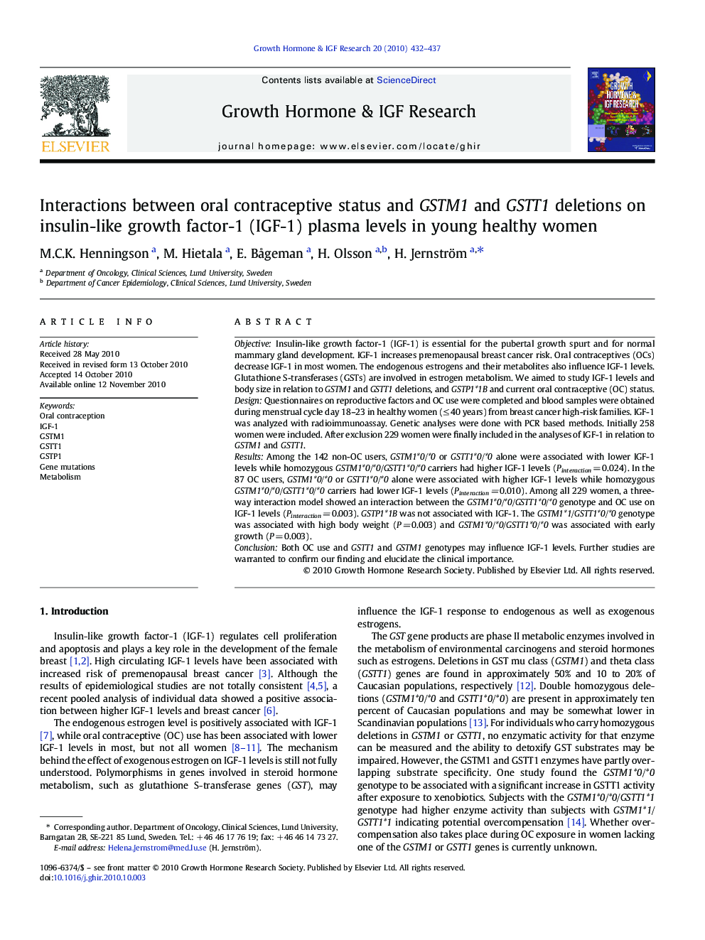 Interactions between oral contraceptive status and GSTM1 and GSTT1 deletions on insulin-like growth factor-1 (IGF-1) plasma levels in young healthy women