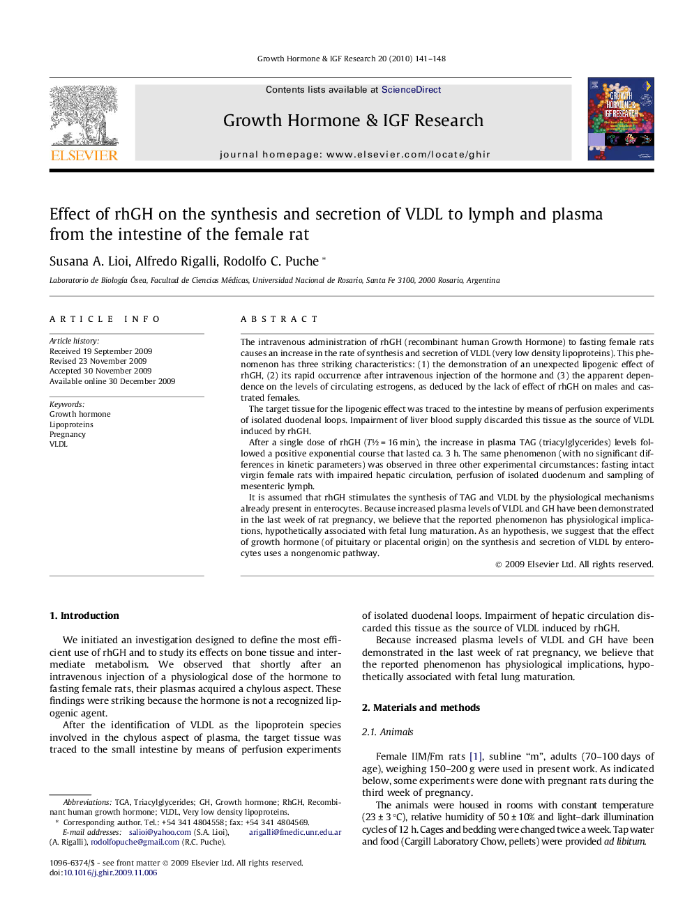 Effect of rhGH on the synthesis and secretion of VLDL to lymph and plasma from the intestine of the female rat