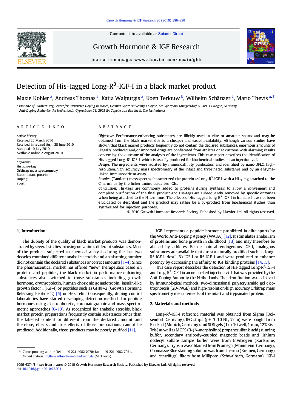 Detection of His-tagged Long-R3-IGF-I in a black market product