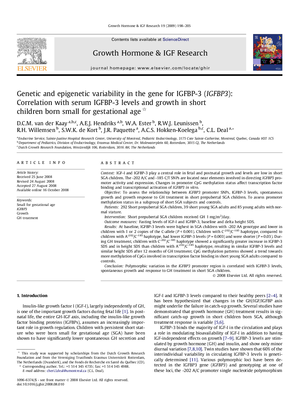 Genetic and epigenetic variability in the gene for IGFBP-3 (IGFBP3): Correlation with serum IGFBP-3 levels and growth in short children born small for gestational age 