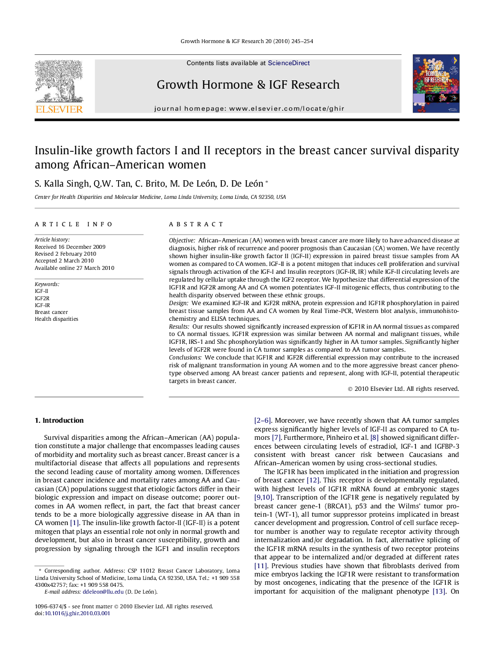 Insulin-like growth factors I and II receptors in the breast cancer survival disparity among African–American women