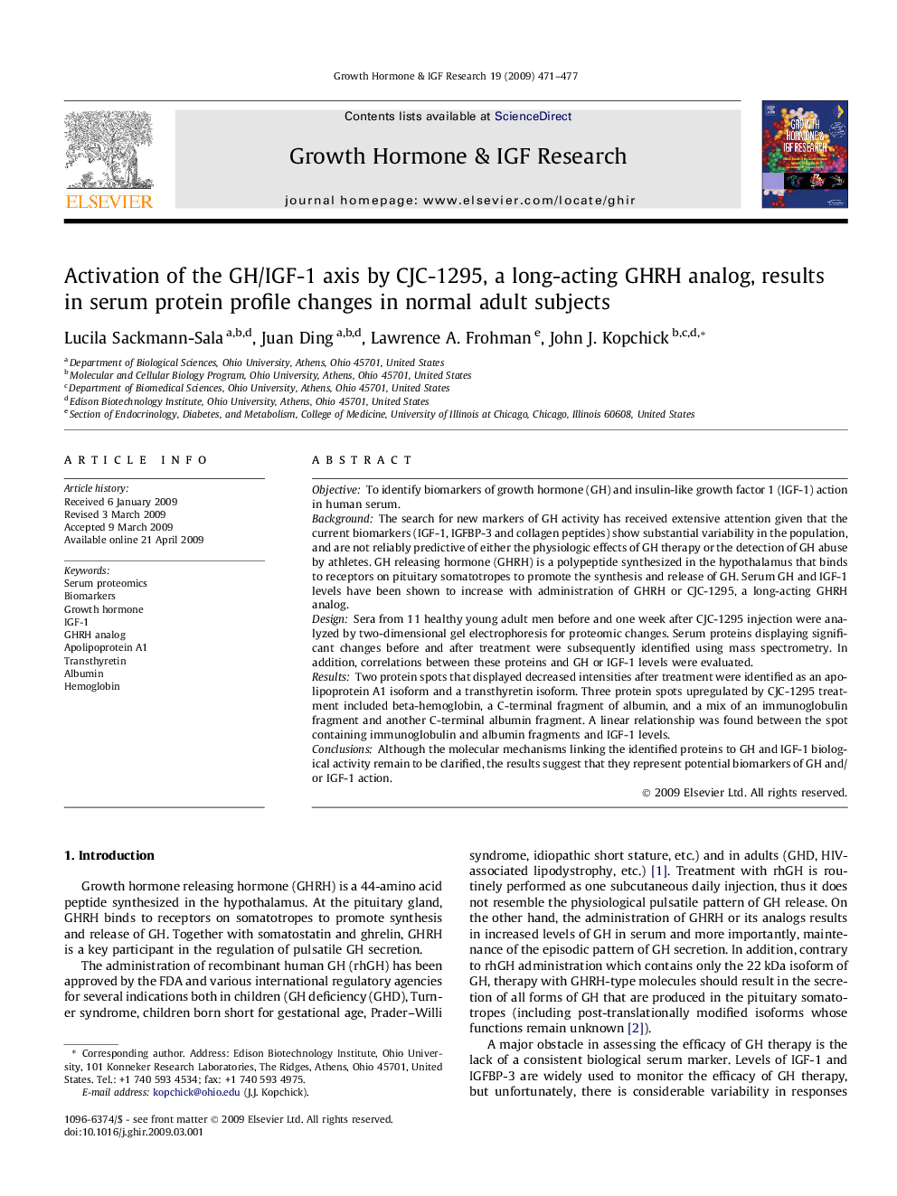 Activation of the GH/IGF-1 axis by CJC-1295, a long-acting GHRH analog, results in serum protein profile changes in normal adult subjects