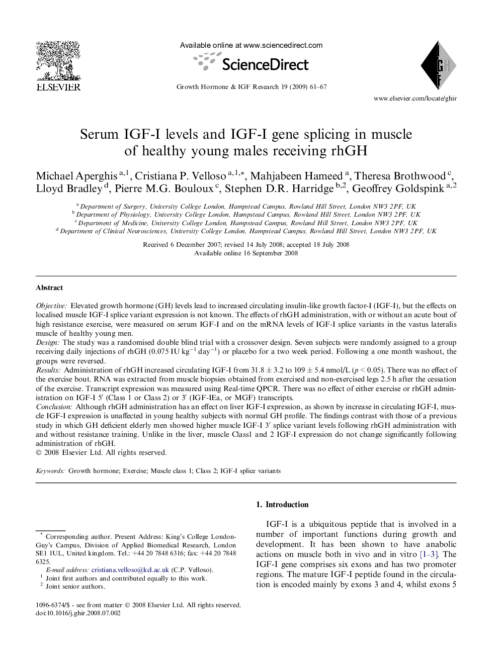 Serum IGF-I levels and IGF-I gene splicing in muscle of healthy young males receiving rhGH