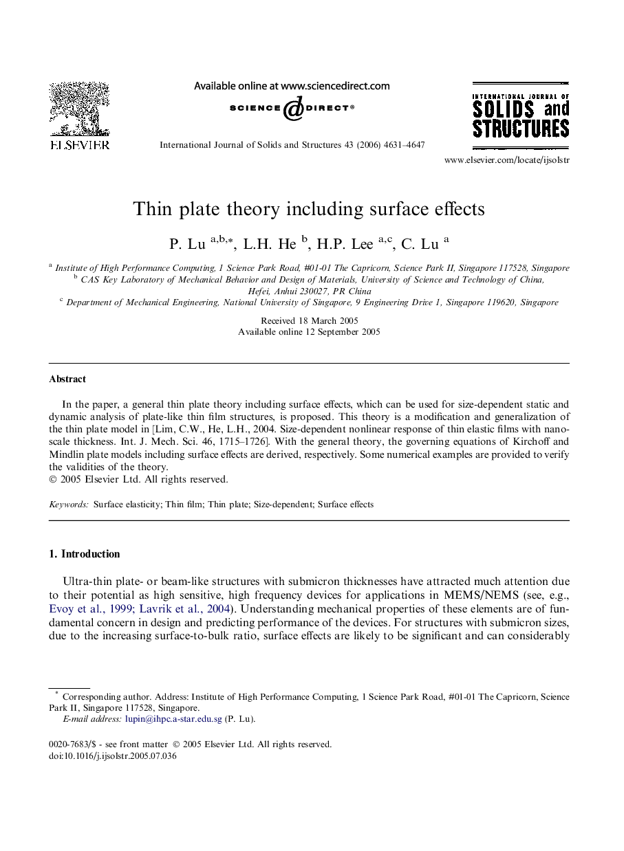 Thin plate theory including surface effects