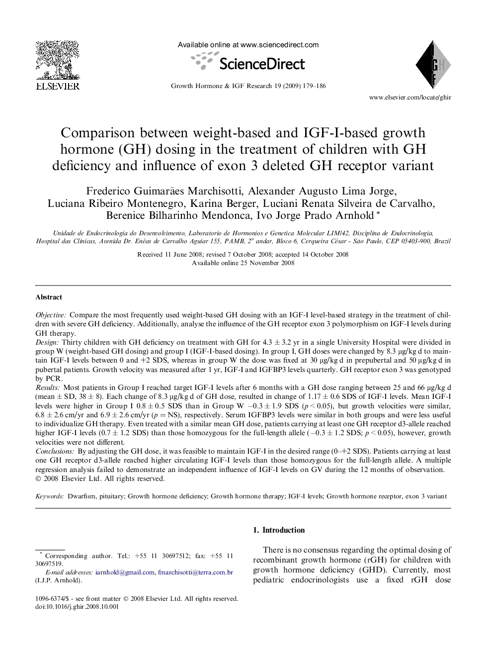 Comparison between weight-based and IGF-I-based growth hormone (GH) dosing in the treatment of children with GH deficiency and influence of exon 3 deleted GH receptor variant