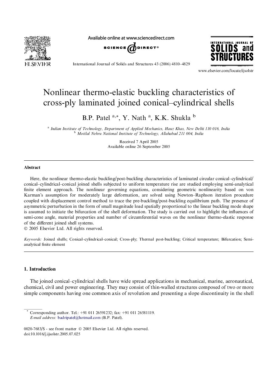 Nonlinear thermo-elastic buckling characteristics of cross-ply laminated joined conical–cylindrical shells