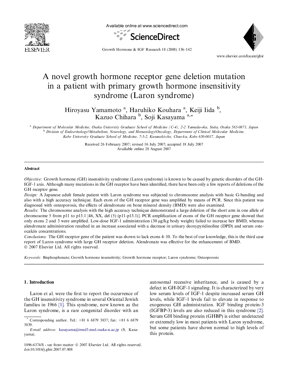 A novel growth hormone receptor gene deletion mutation in a patient with primary growth hormone insensitivity syndrome (Laron syndrome)