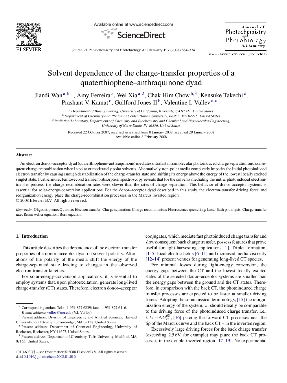 Solvent dependence of the charge-transfer properties of a quaterthiophene–anthraquinone dyad