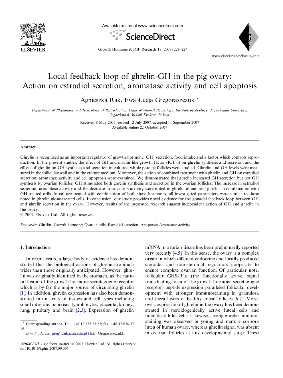 Local feedback loop of ghrelin-GH in the pig ovary: Action on estradiol secretion, aromatase activity and cell apoptosis