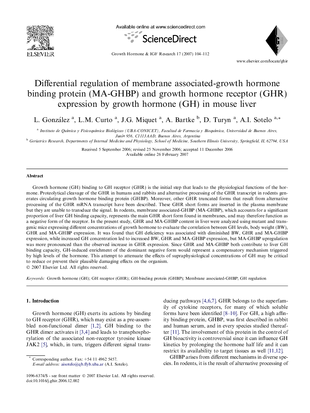 Differential regulation of membrane associated-growth hormone binding protein (MA-GHBP) and growth hormone receptor (GHR) expression by growth hormone (GH) in mouse liver