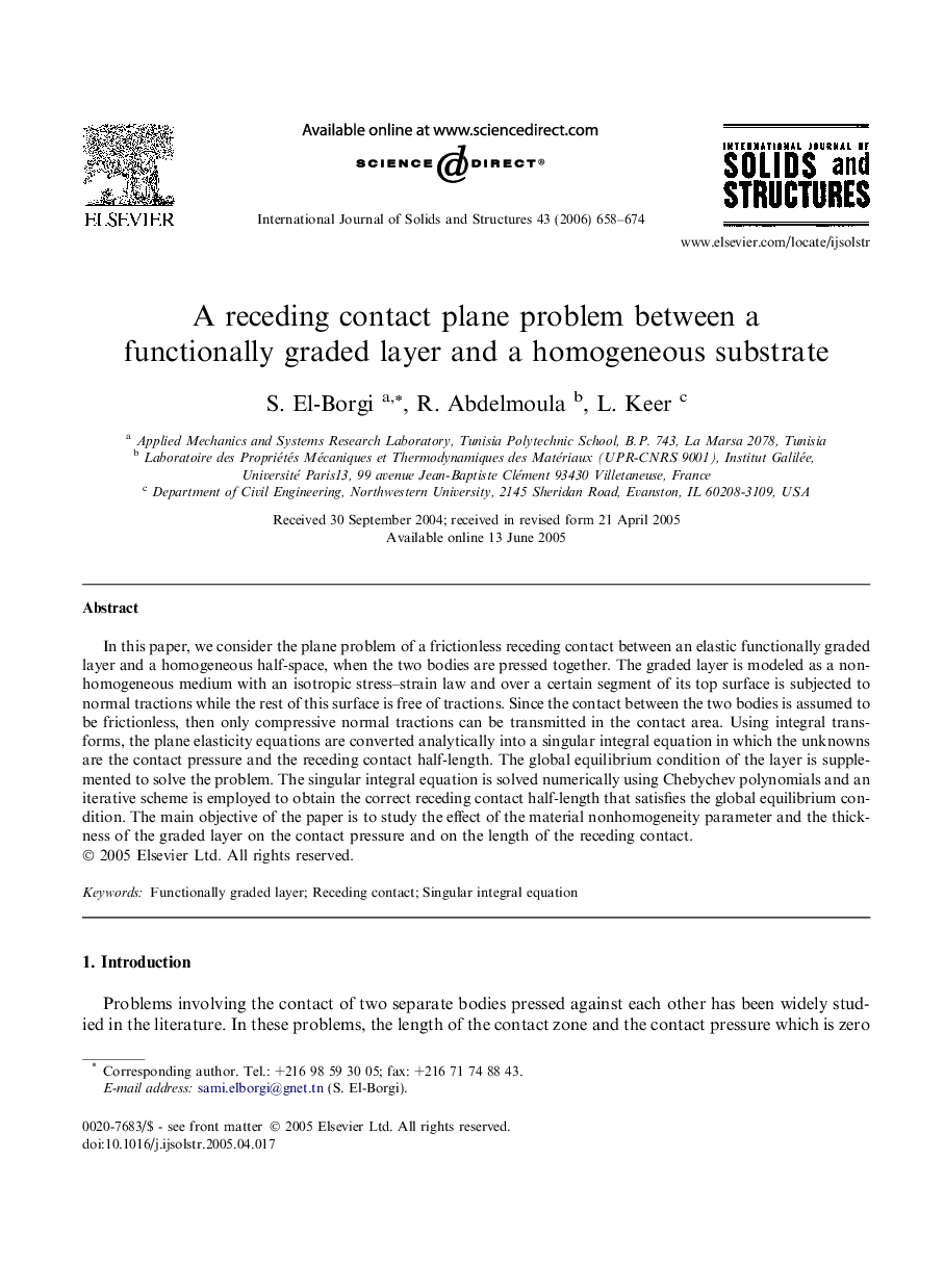 A receding contact plane problem between a functionally graded layer and a homogeneous substrate