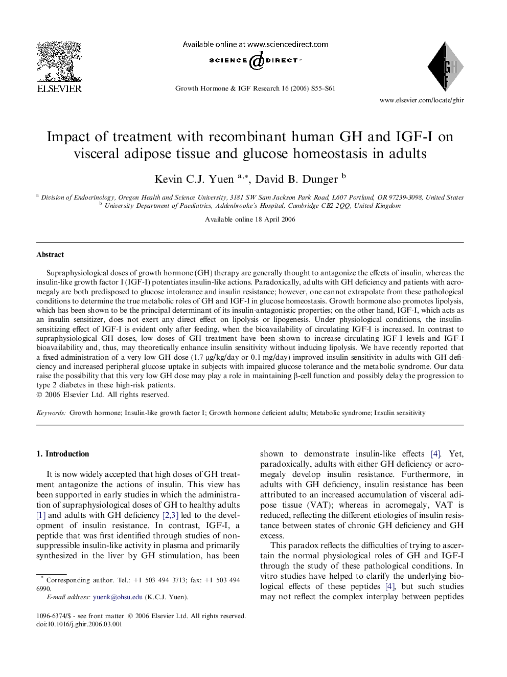 Impact of treatment with recombinant human GH and IGF-I on visceral adipose tissue and glucose homeostasis in adults