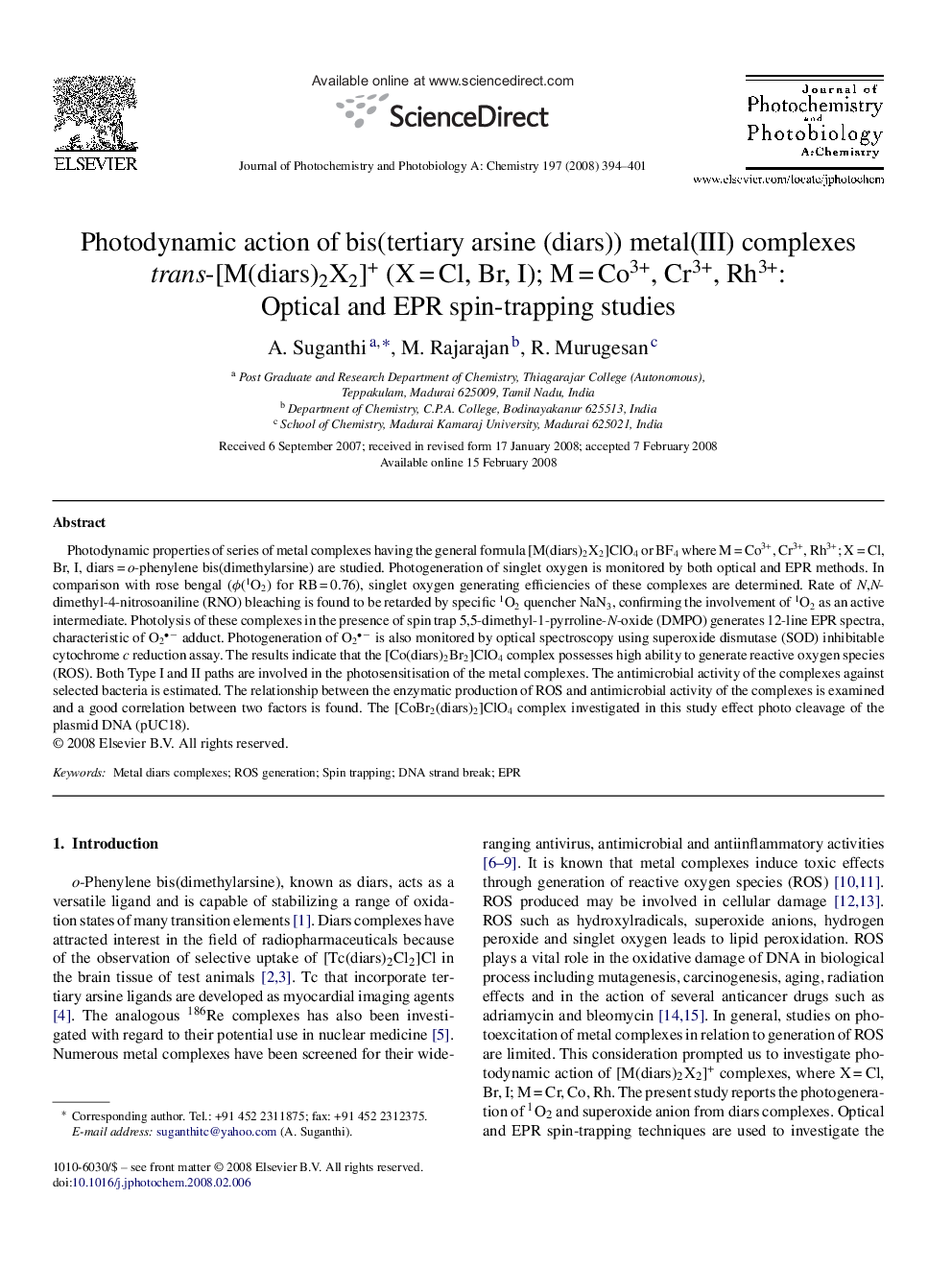 Photodynamic action of bis(tertiary arsine (diars)) metal(III) complexes trans-[M(diars)2X2]+ (X = Cl, Br, I); M = Co3+, Cr3+, Rh3+: Optical and EPR spin-trapping studies