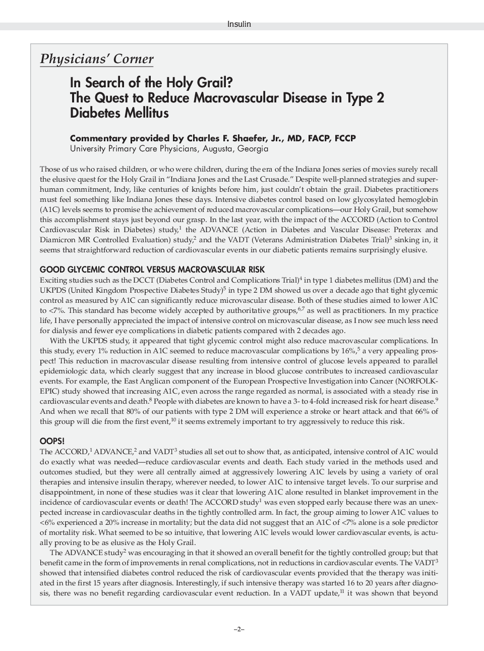 In search of the holy grail? The quest to reduce macrovascular disease in type 2 diabetes mellitus