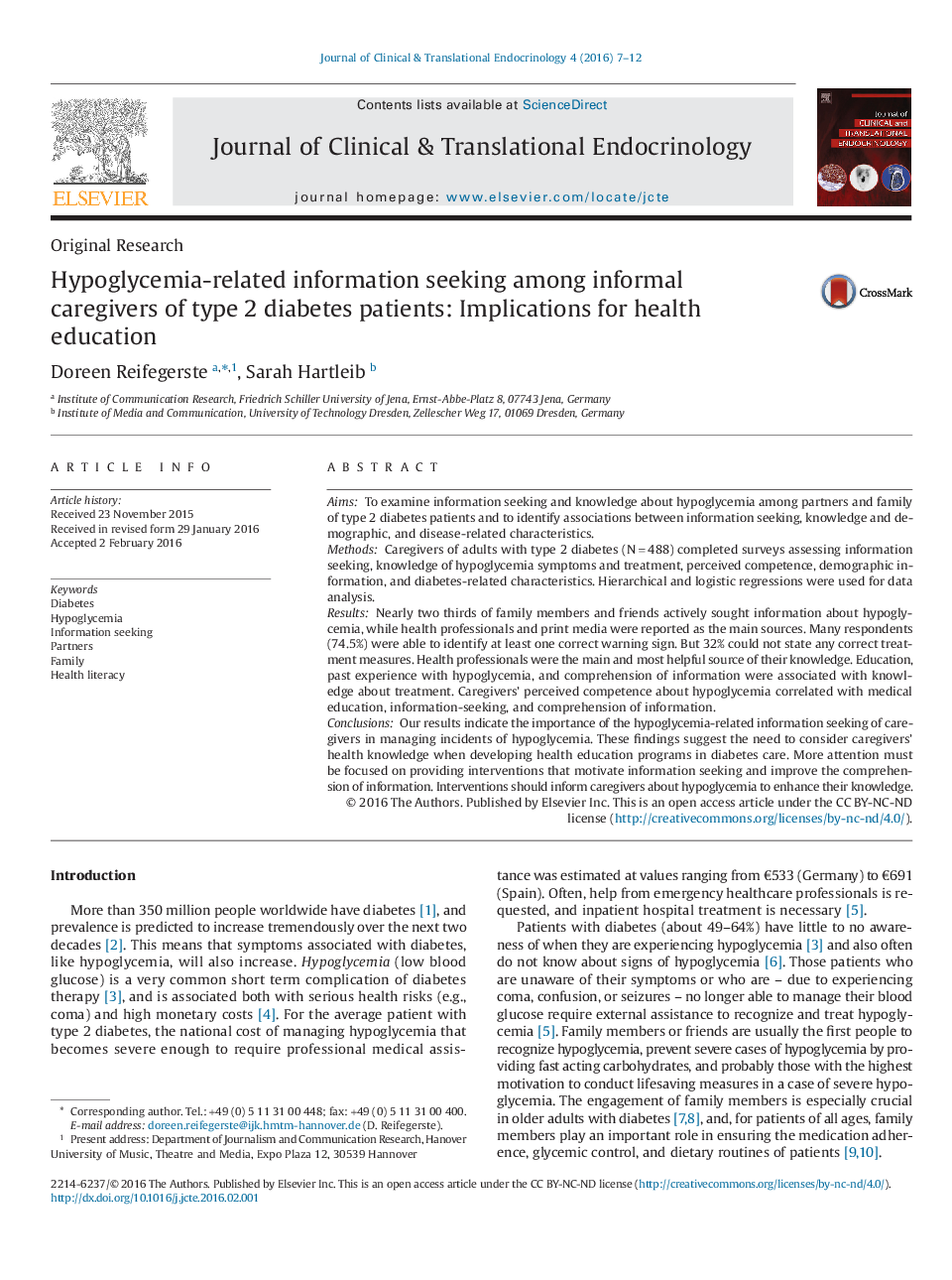 Hypoglycemia-related information seeking among informal caregivers of type 2 diabetes patients: Implications for health education