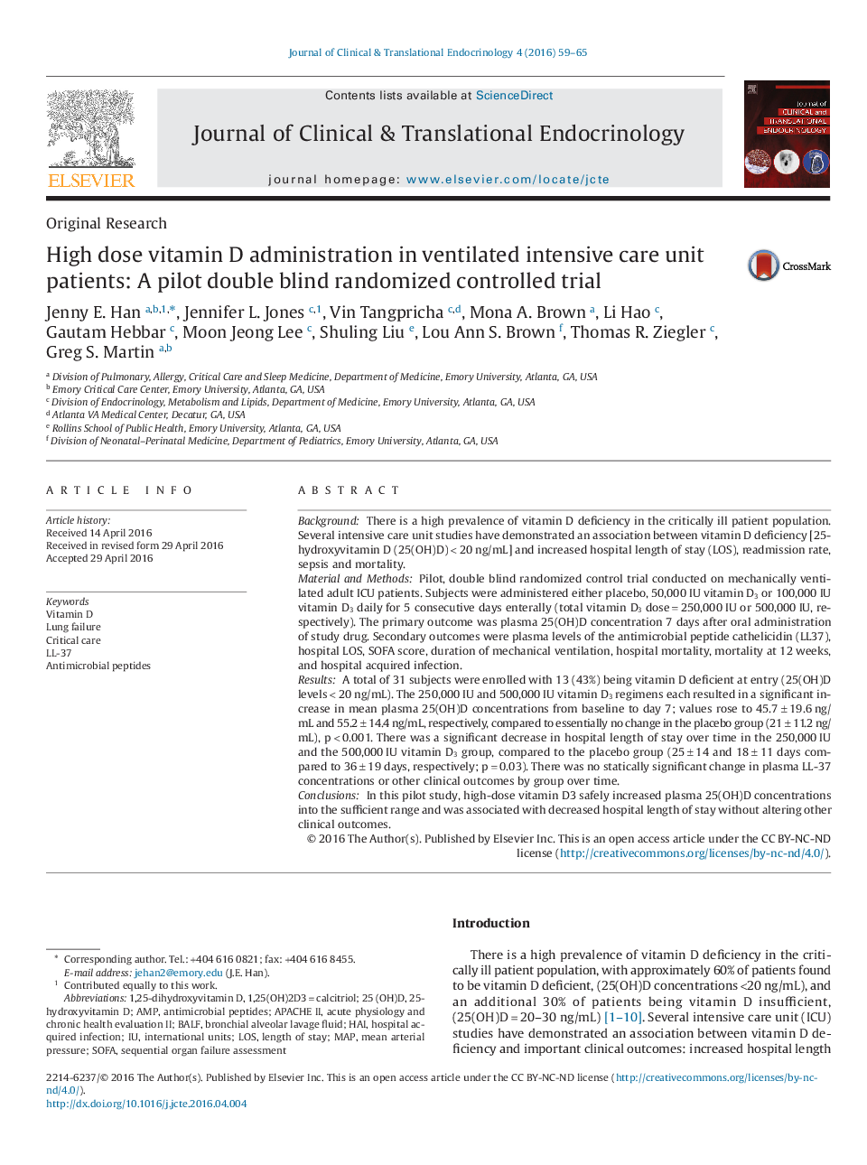 High dose vitamin D administration in ventilated intensive care unit patients: A pilot double blind randomized controlled trial