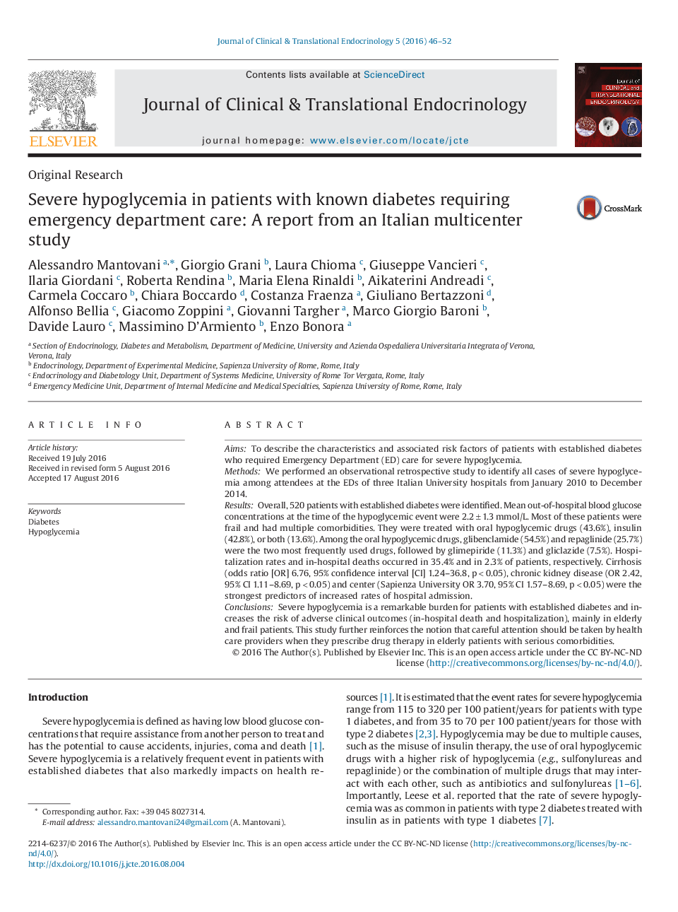 Severe hypoglycemia in patients with known diabetes requiring emergency department care: A report from an Italian multicenter study