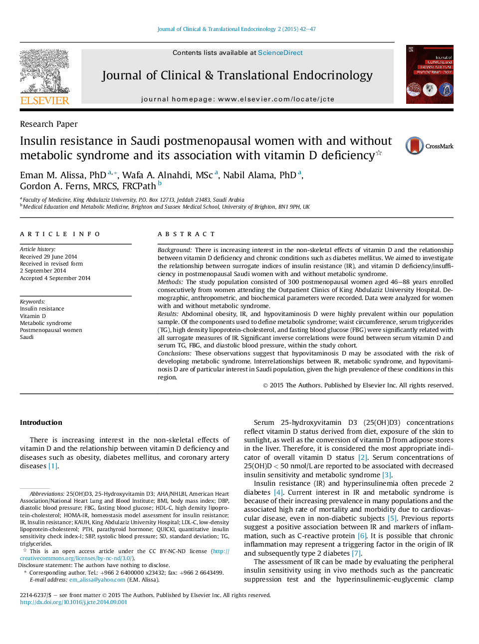 Insulin resistance in Saudi postmenopausal women with and without metabolic syndrome and its association with vitamin D deficiency 