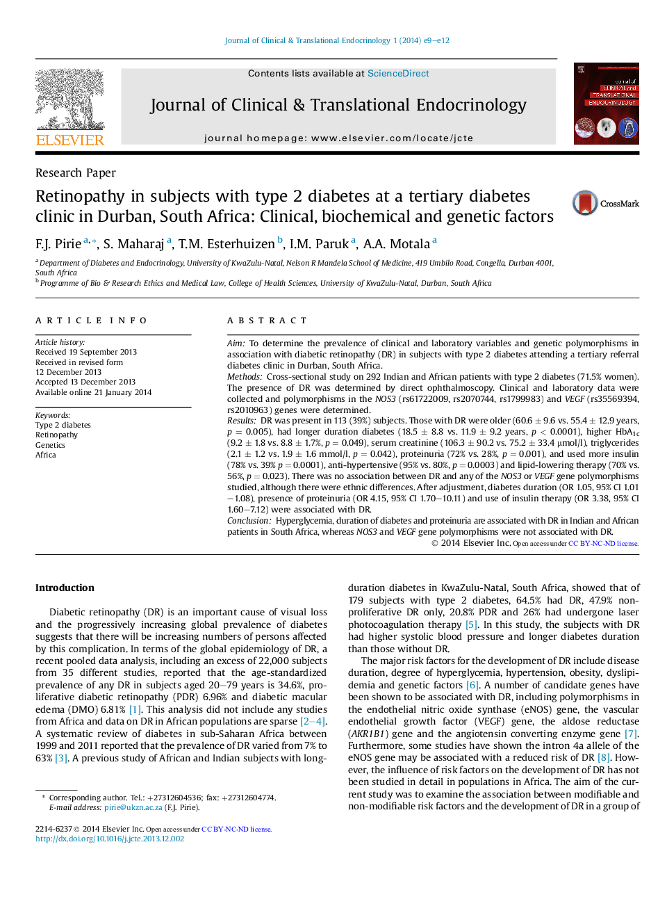 Retinopathy in subjects with type 2 diabetes at a tertiary diabetes clinic in Durban, South Africa: Clinical, biochemical and genetic factors