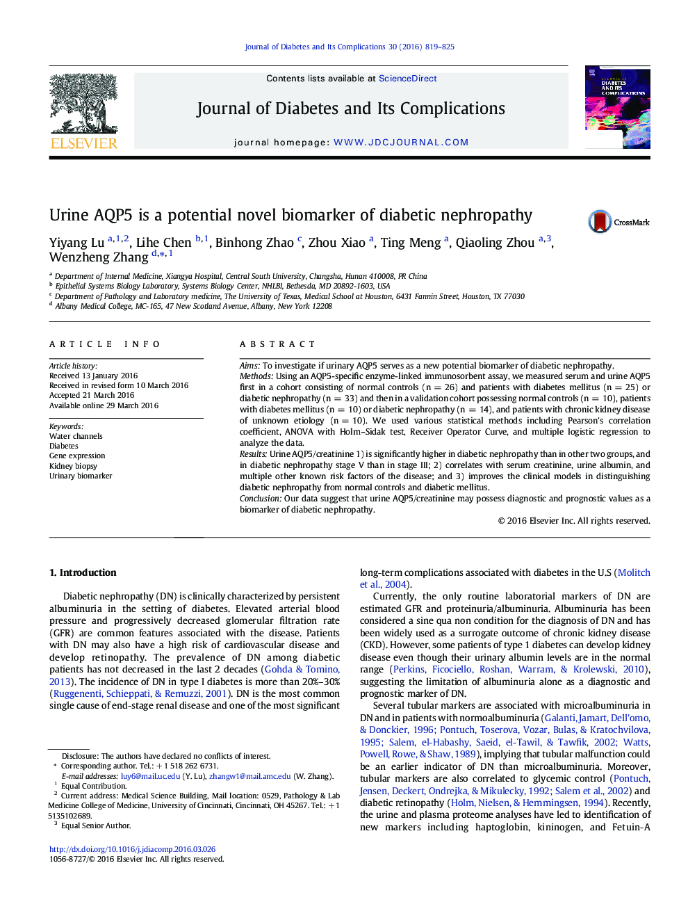 Urine AQP5 is a potential novel biomarker of diabetic nephropathy 