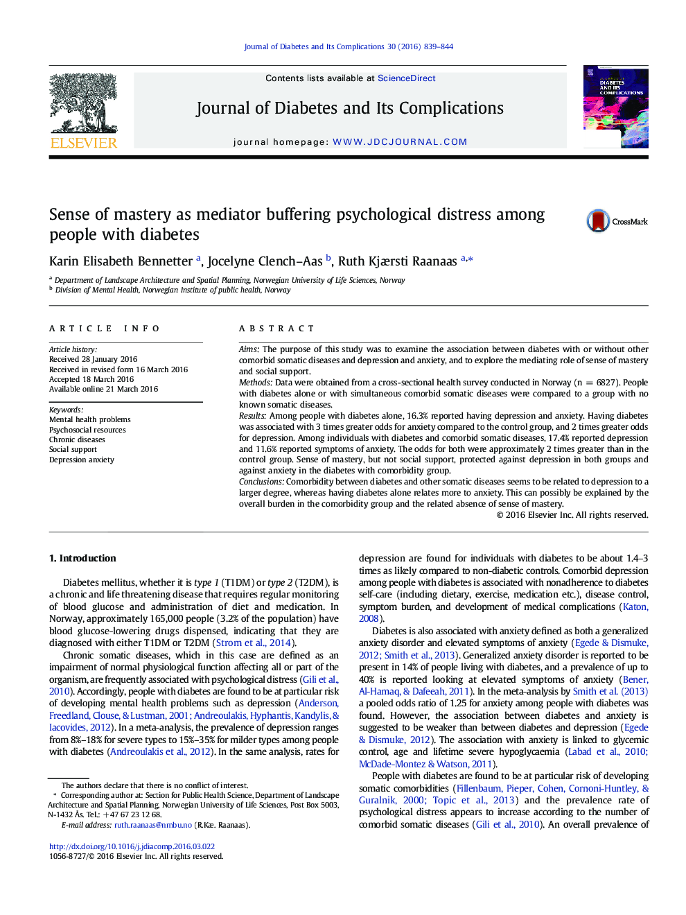 Sense of mastery as mediator buffering psychological distress among people with diabetes 