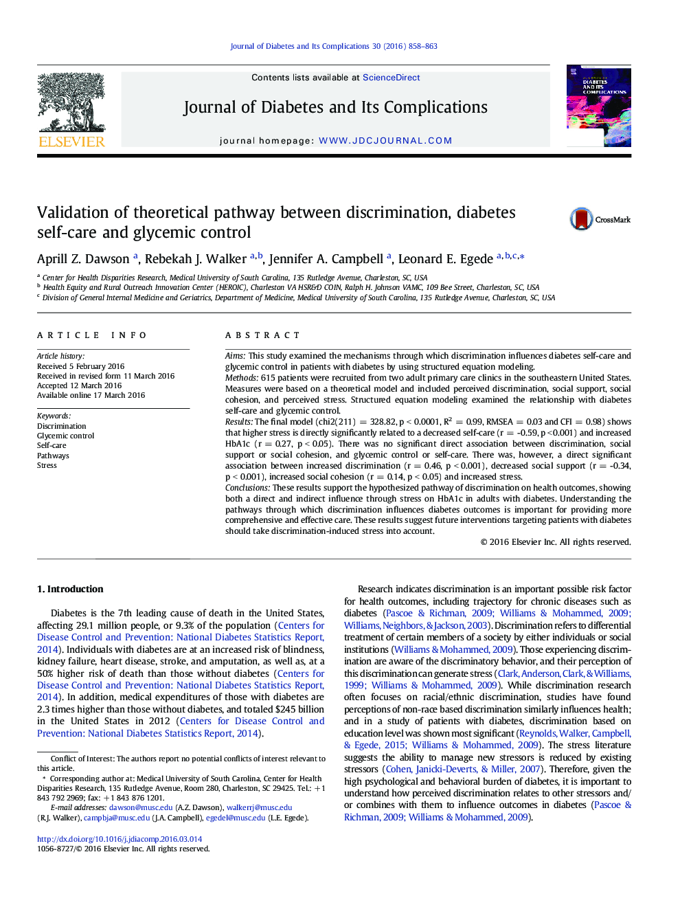 Validation of theoretical pathway between discrimination, diabetes self-care and glycemic control 