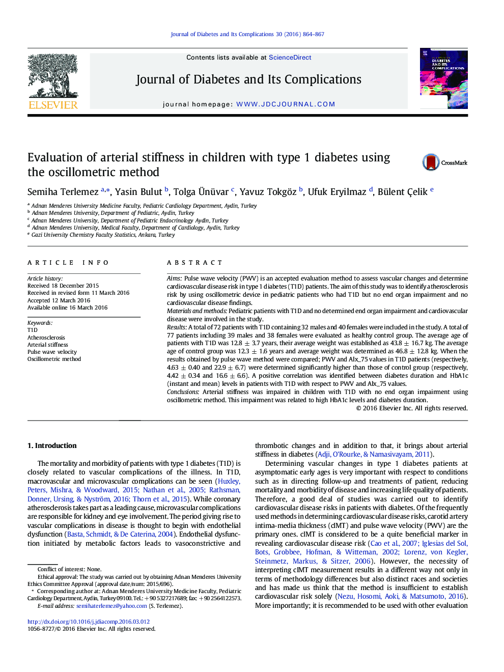 Evaluation of arterial stiffness in children with type 1 diabetes using the oscillometric method 