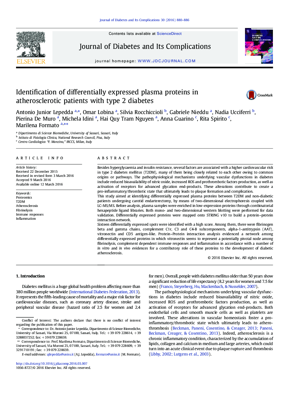 Identification of differentially expressed plasma proteins in atherosclerotic patients with type 2 diabetes 